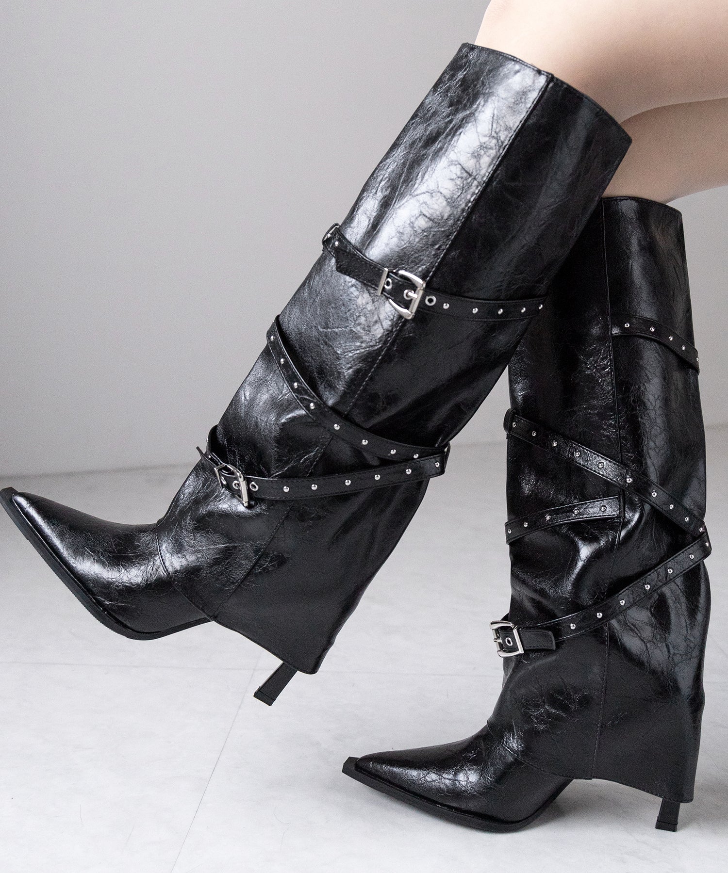ヴィンテージレザーベルテッドロングカバーブーツ /vintage leather belted long cover boots