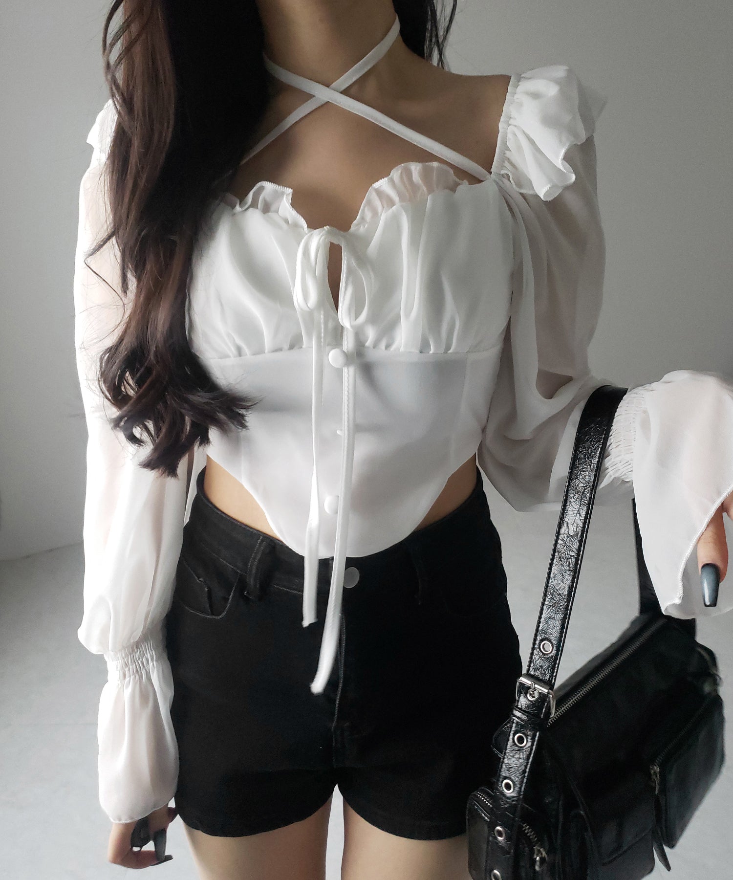 【 2WAY 】フロントリボンクロスネックオフショルシフォンブラウス / front ribbon cross neck off-shoulder chiffon blouse