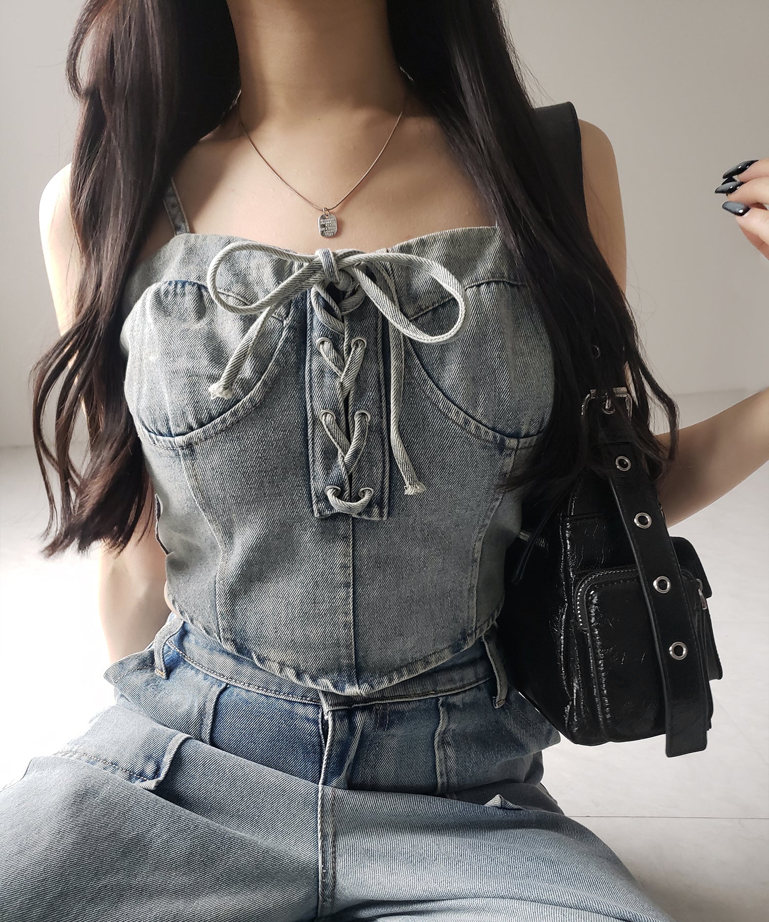 【 2color 】レースアップリボンコルセットデニムビスチェ / lace up ribbon corset denim bustier