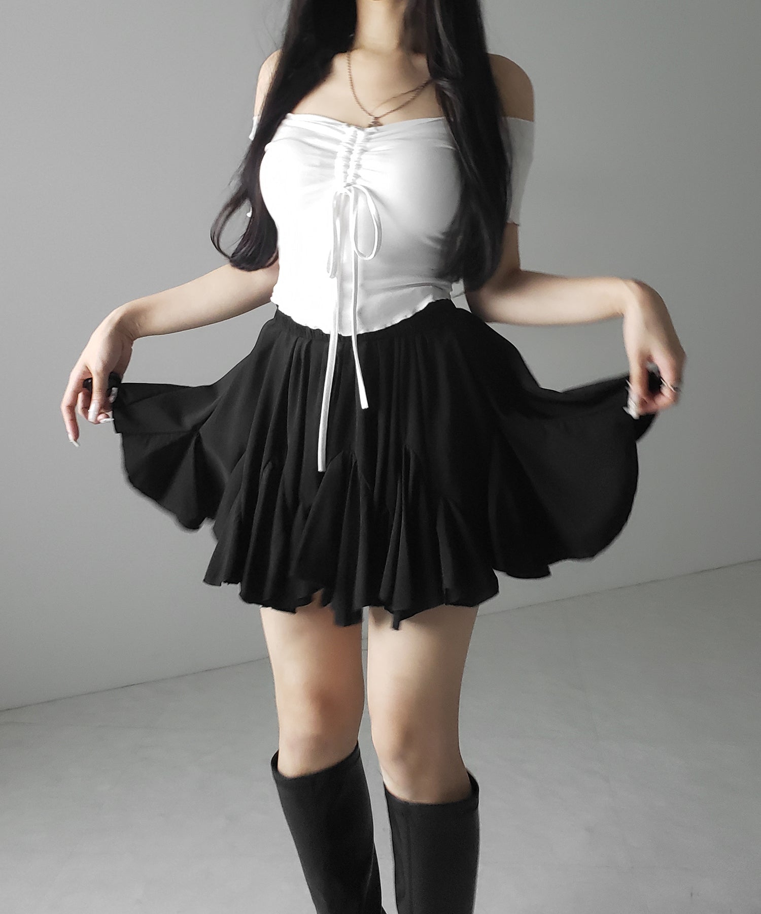 【 2color /インパン裏地付き 】ハイウエストドレープフレアミニスカート / high waist draped flare mini skirt