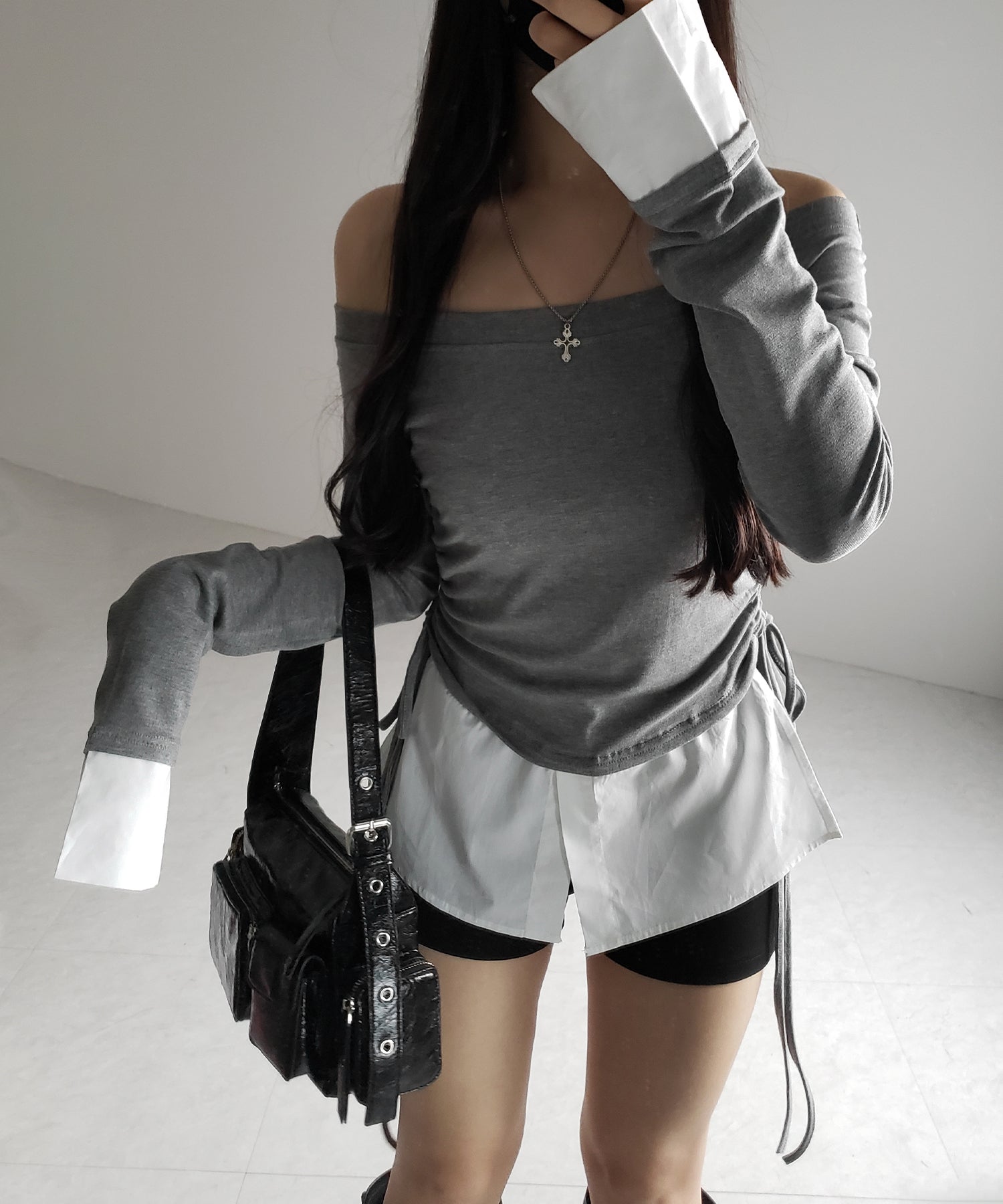 【 2WAY 】シャツドッキングサイドリボンワンショルトップス /shirt docking side ribbon oneshoulder tops