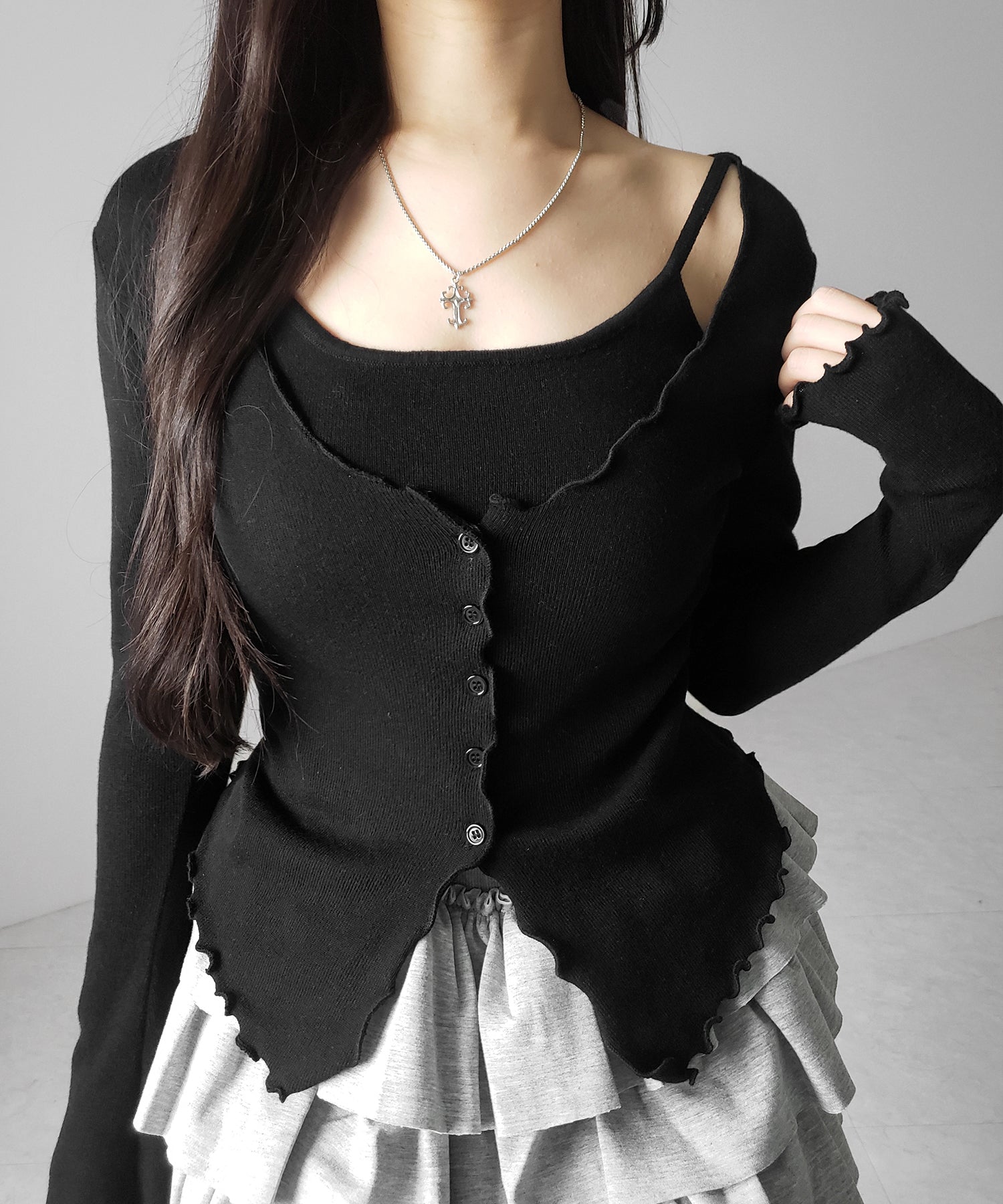 レイヤード風メロースリムニットカーディガン / layered mellow slim knit cardigan