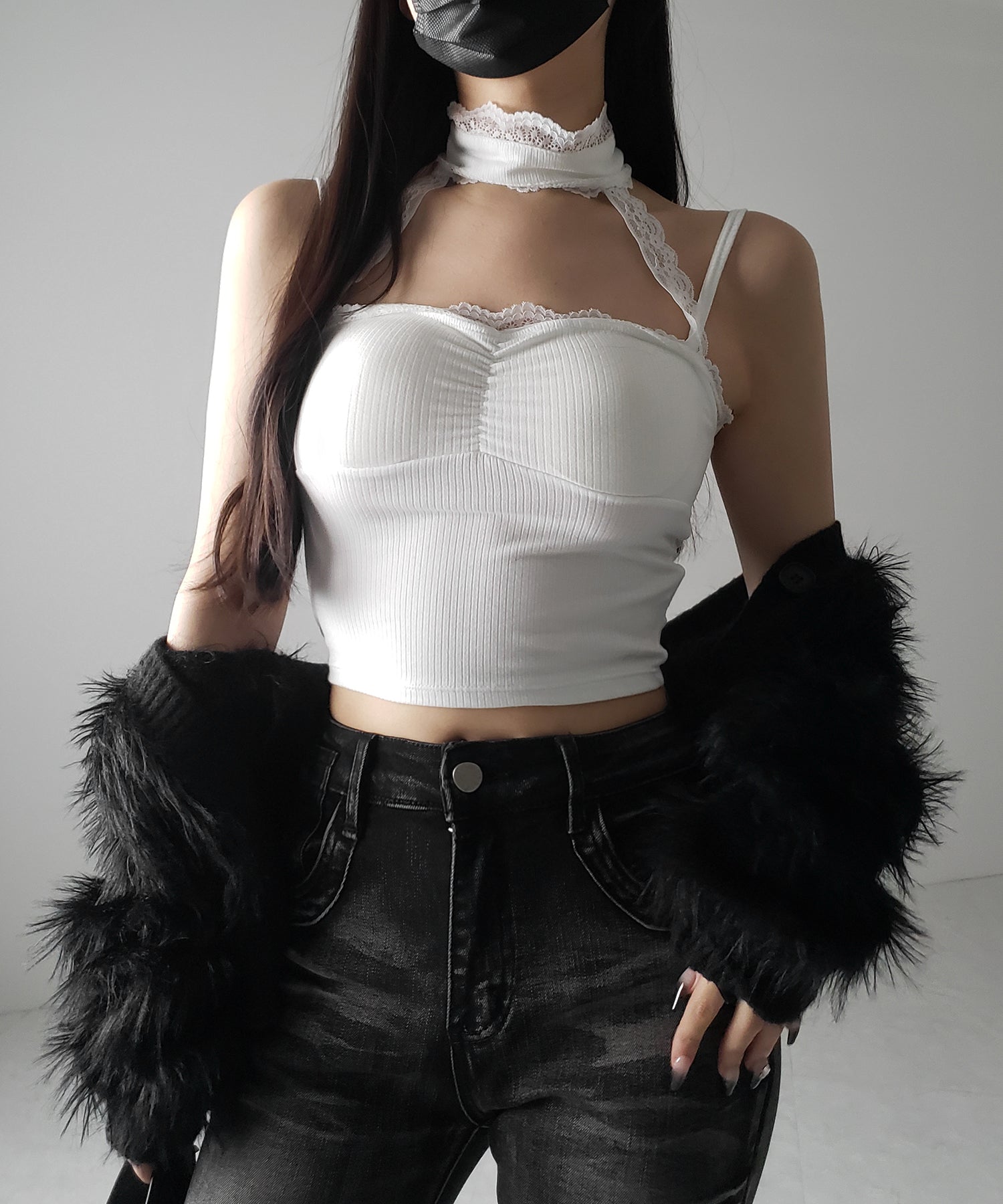 【 カップ付 】レースチョーカーストラップリブキャミソール / lace choker strap lib camisole