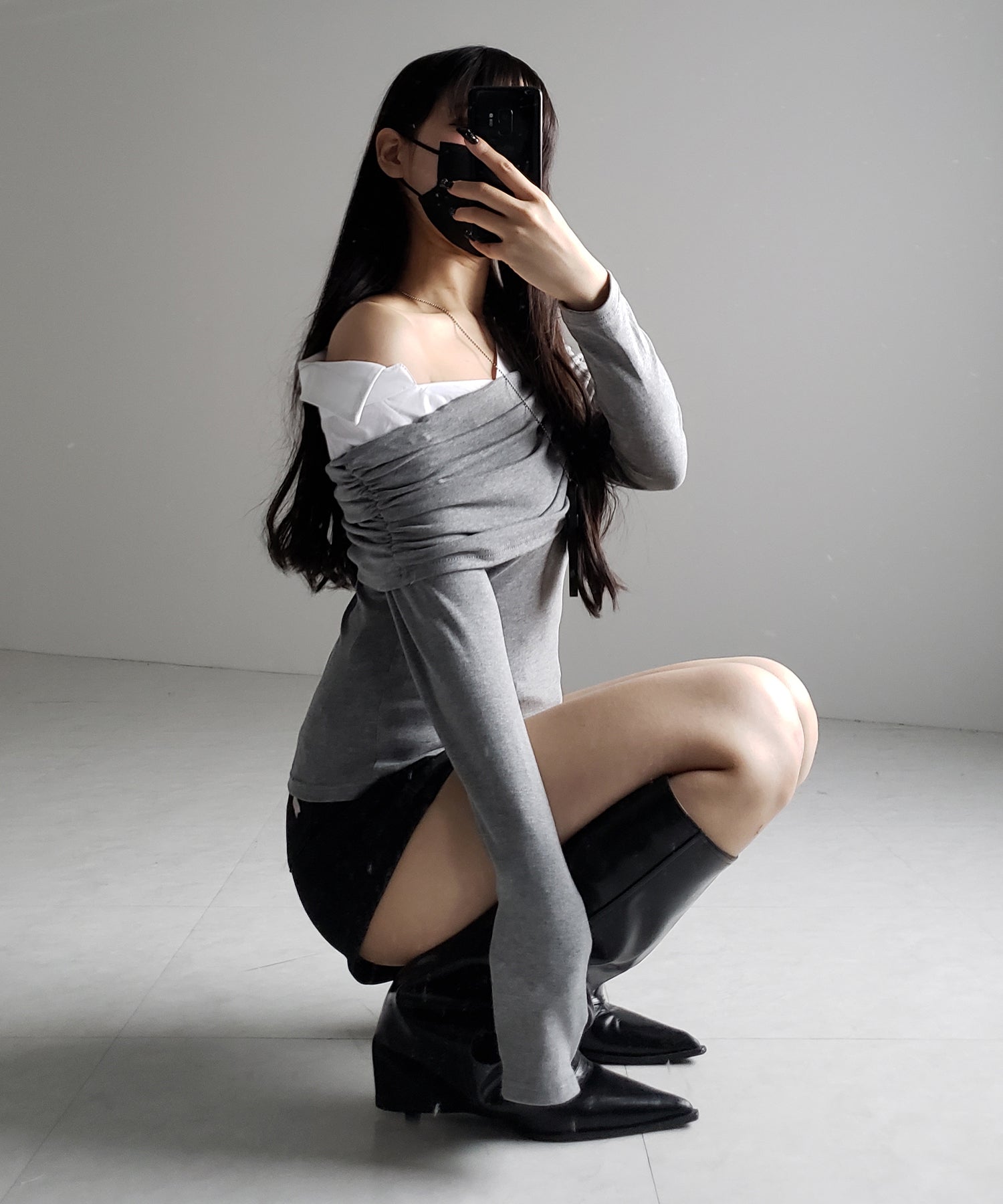 【 2color 】シャツドッキングワイドオフショルトップス / shirt docking wide off shoulder tops