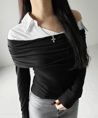 シャツドッキングワイドオフショルトップス / shirt docking wide off shoulder tops