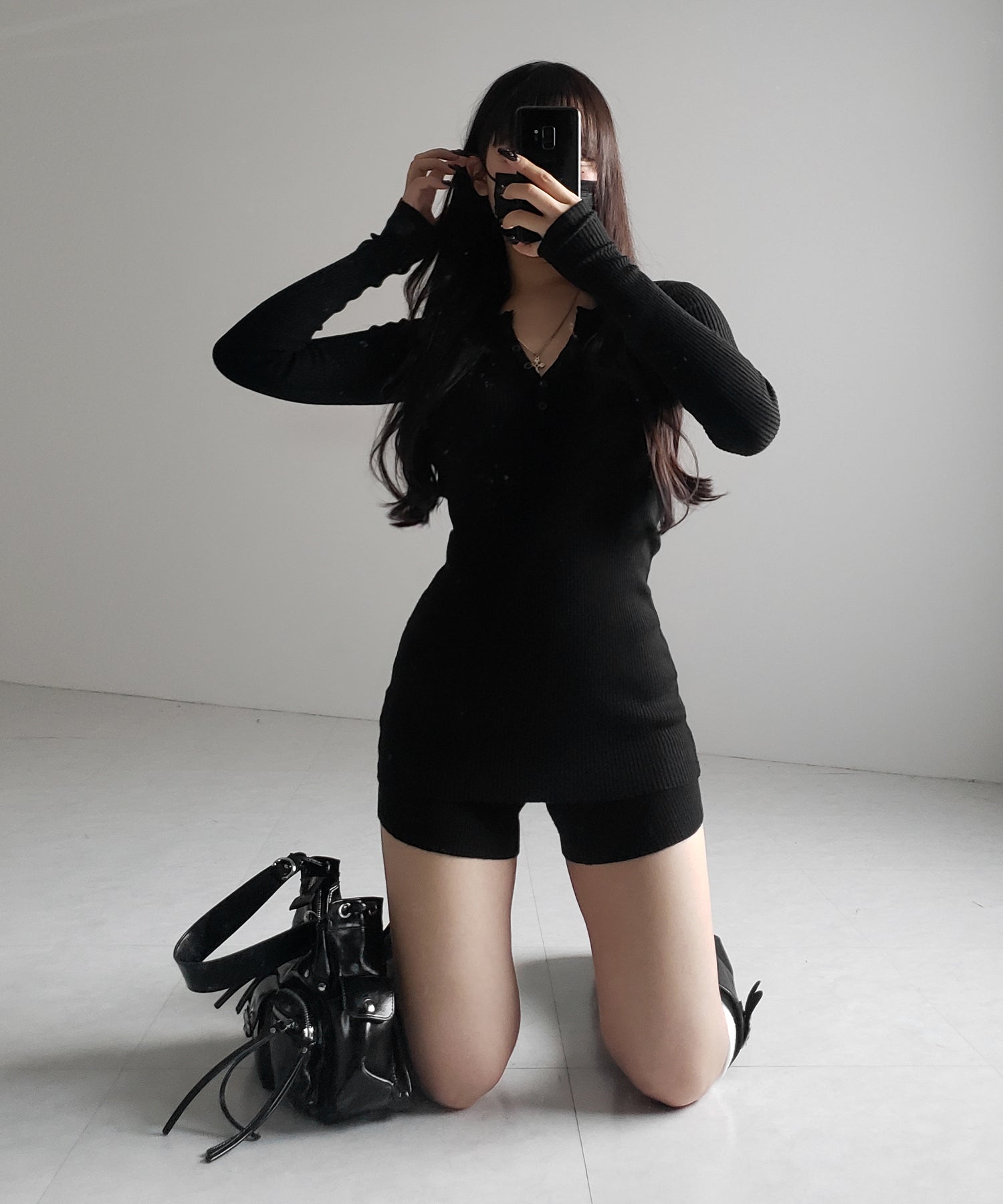 【 セットアップ 】ヘンリーネックスリムリブニットトップス&ニットショートパンツ SET / henley neck slim rib knit tops & knit short pants SET