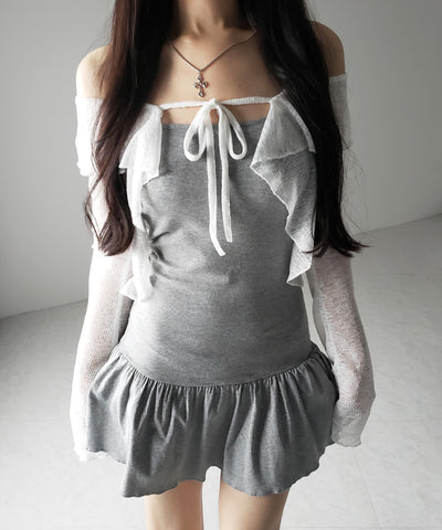 【 2点セット 】フレアキャミワンピ &シアーフリルリボンカーディガン ワンホンセットアップ / flare camisole onepiece & sheer frill ribbon cardigan wanghong SETUP