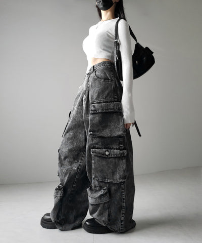 【 デニムセットアップ着用可能 】ヴィンテージケミカルブリーチヘビーワイドカーゴデニム / vintage chemical bleach heavy wide cargo denim