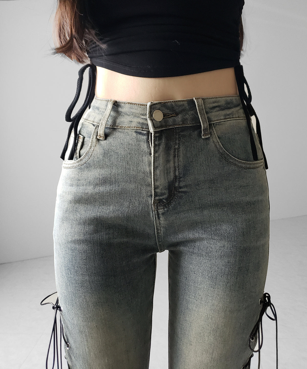 レースアップカットアウトストレッチフレアデニム / lace up cutout stretch flare denim