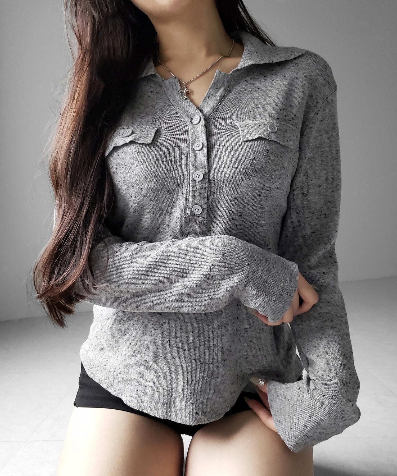 スキッパーボタン長袖ロングニットトップス / skipper button long sleeve long sheer knit tops