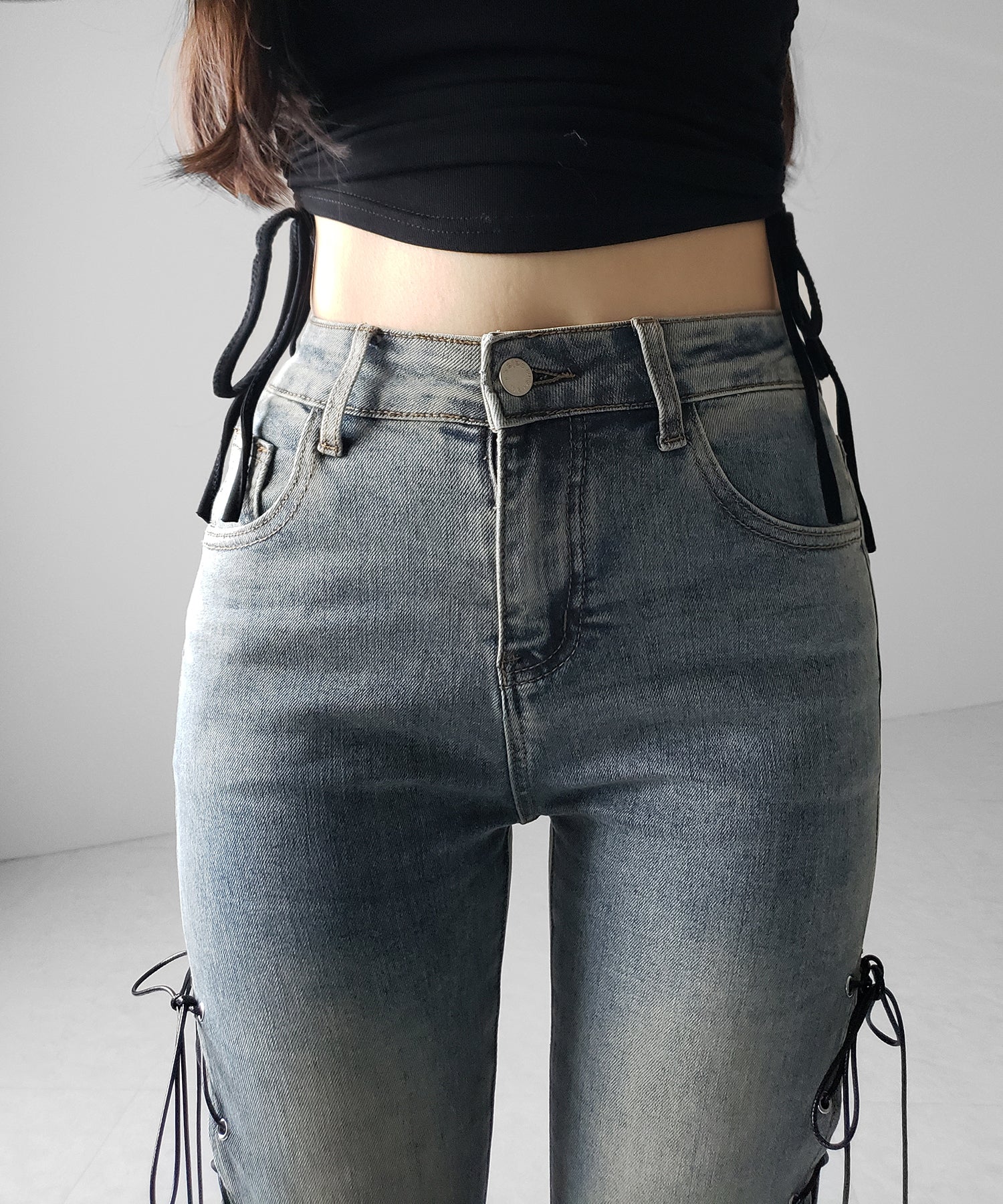 レースアップカットアウトストレッチフレアデニム / lace up cutout stretch flare denim