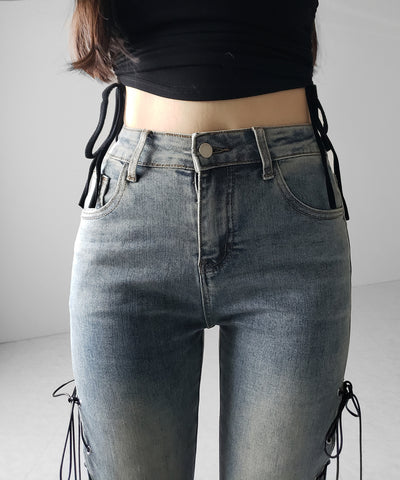レースアップカットアウトストレッチフレアデニム / lace up cutout stretch flare denim