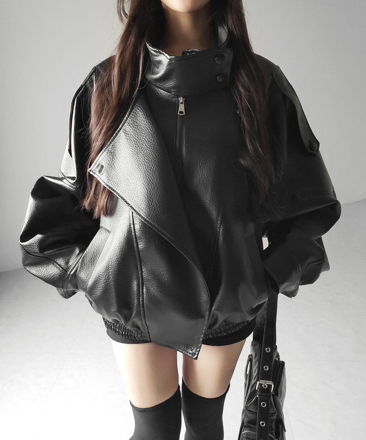 ヴィンテージフェイクレザースタンドカラージップアップブルゾン / 2WAY vintage fake leather stand collar zipup blouson