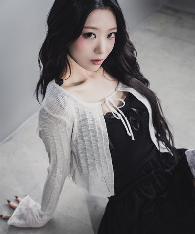 フロントリボンシアーニットショートカーディガン / front ribbon sheer knit short cardigan