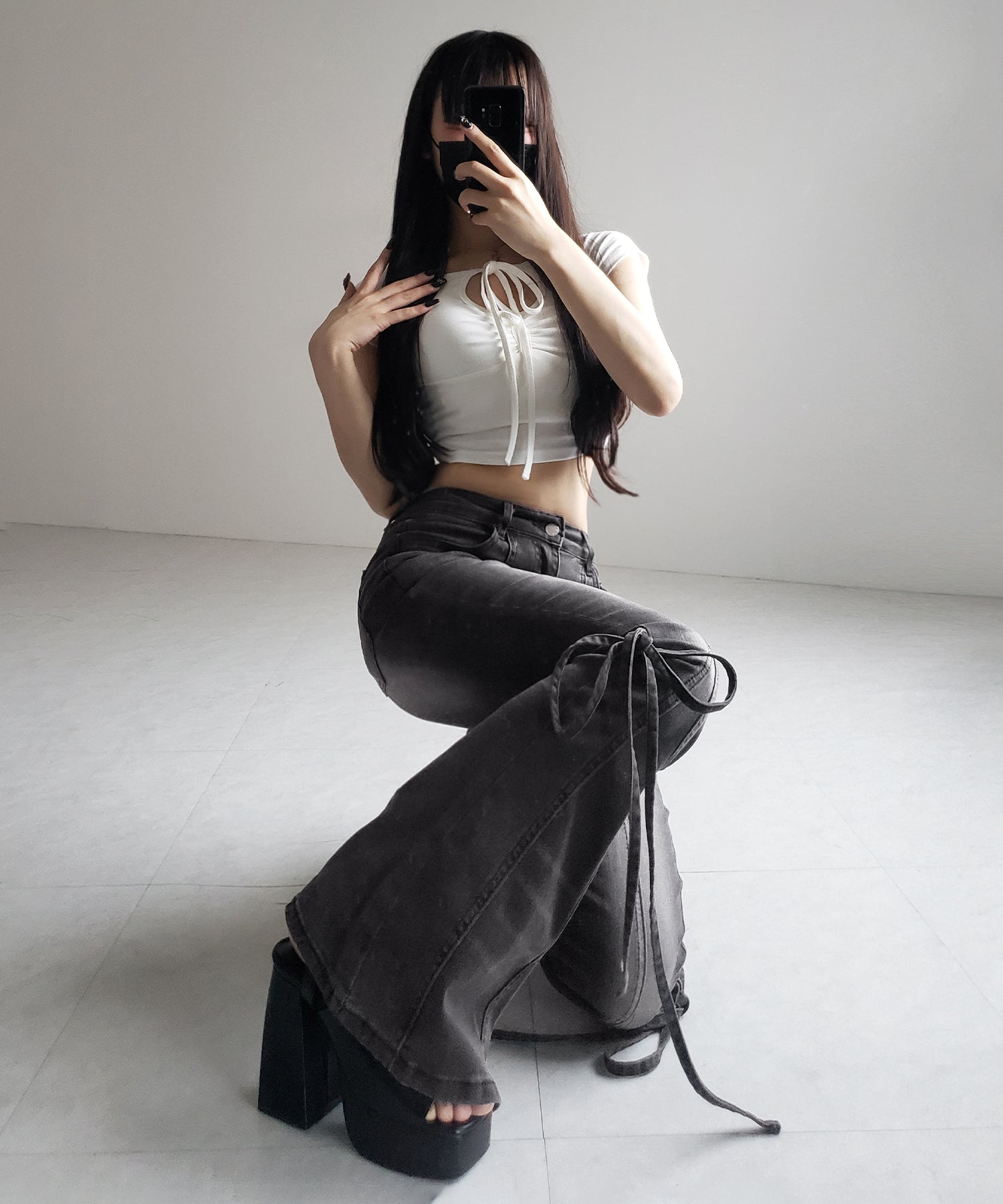 【 2color / 4size 】ストラップリボンヴィンテージストレッチフレアデニム / strap ribbon vintage stretch flare denim
