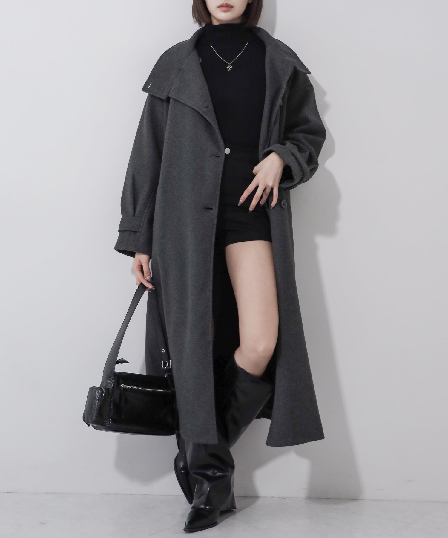 【 ウエストマークベルトSET 】2WAY スタンドカラーレディメルトントレンチロングコート / 2WAY stand collar lady melton trench long coat