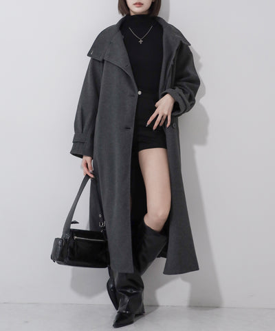 【 ウエストマークベルトSET 】2WAY スタンドカラーレディメルトントレンチロングコート / 2WAY stand collar lady melton trench long coat