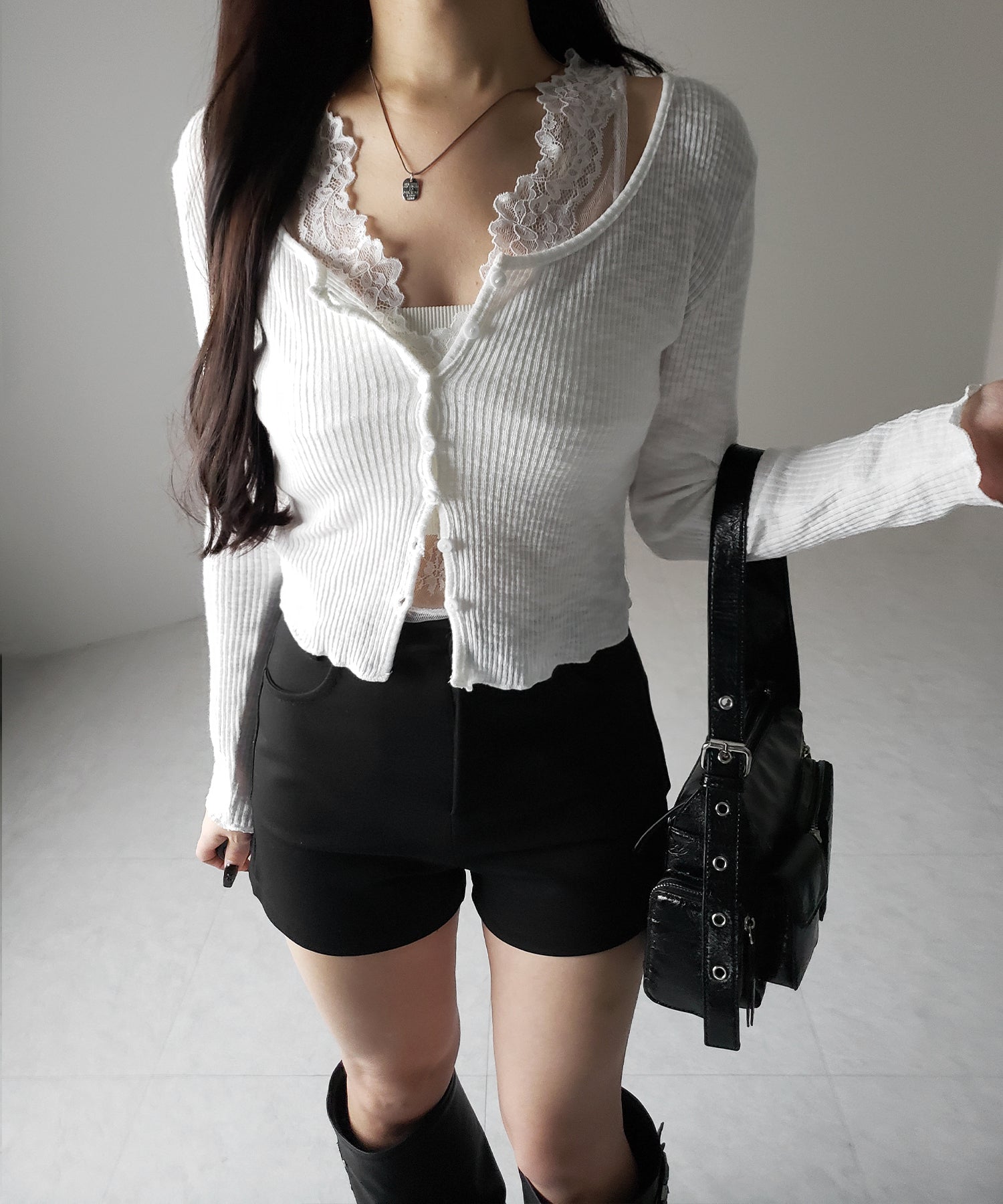 【 2点セット 】レイヤードレースシアーリブカットソーカーディガン / layered lace sheer rib cut and sew cardigan