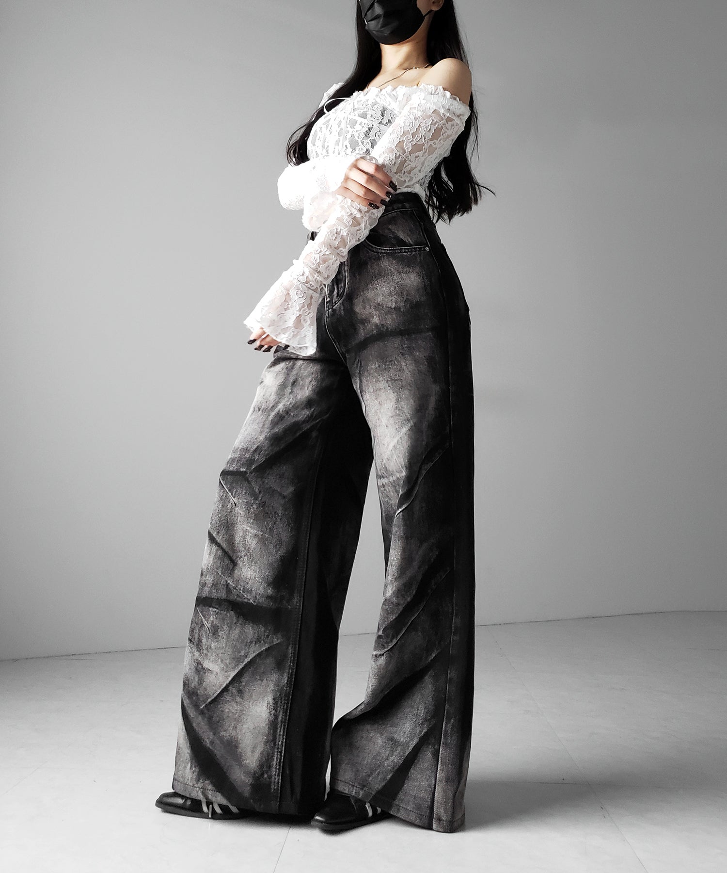 【 4size 】CRACKクラッシュヘビーブリーチブラックワイドデニム / CRACK crash heavy bleach black wide denim