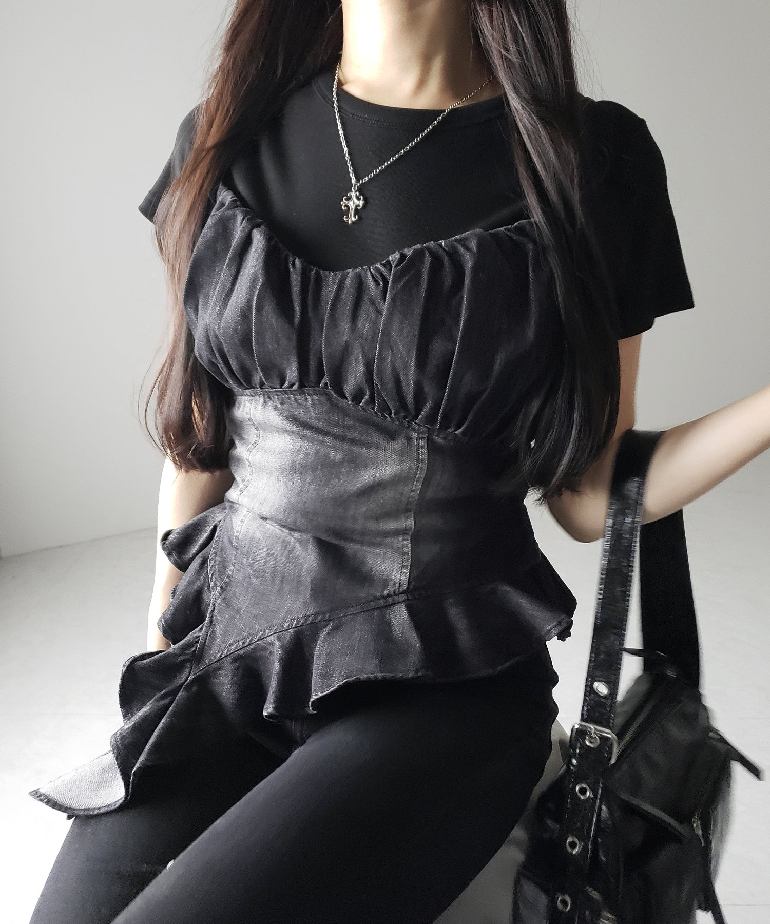 【 2点セット 】ヴィンテージデニムビスチェ & 半袖レイヤードTシャツセット / vintage denim bustier & short sleeve layered T-shirts set