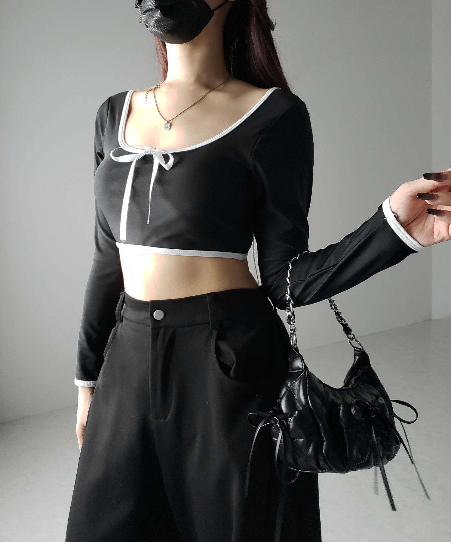 【 レディース水着/2点セット 】フロントリボンモノトーンハイウエストビキニ / front ribbon monotone high waist bikini