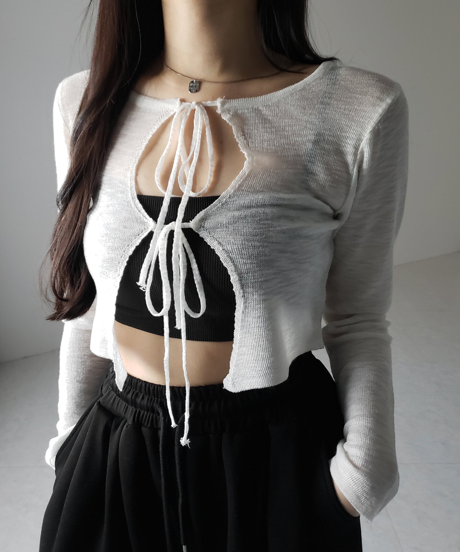 ダブルリボンシアーニットショートカーディガン / double ribbon sheer knit short cardigan