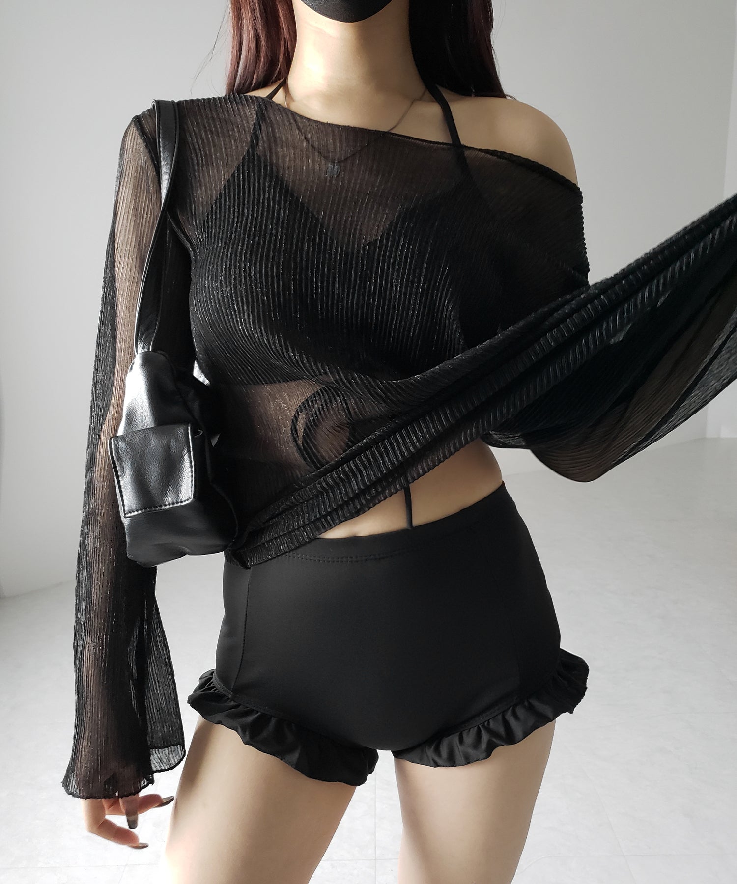 【 レディース水着/3点セット 】シアートップス付き フロントリボンホルターネックハイウエストビキニ / sheer tops set front ribbon halter neck high waist bikini
