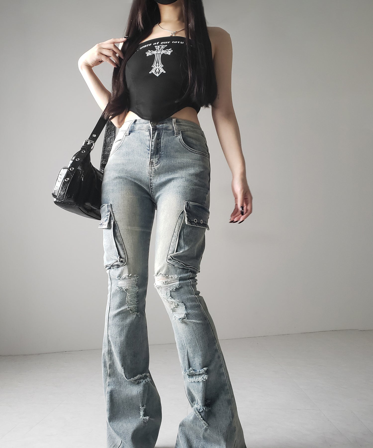 【 2color / 4size 】カーゴデザインヴィンテージライクダメージストレッチフレアデニム / cargo design vintage-like damage stretch flare denim