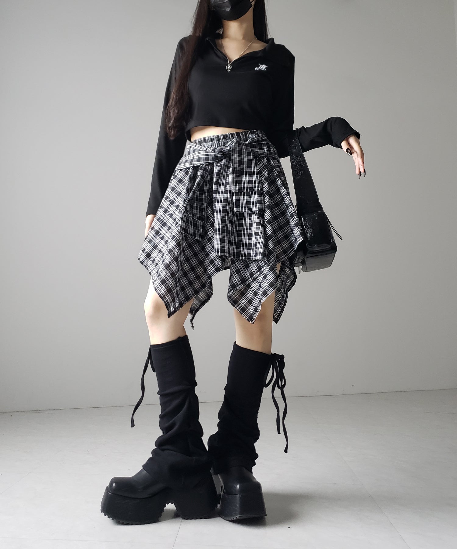 【 選べる2素材/インナーパンツ裏地付 】シャツレイヤードチェックミニスカート / shirt layered check mini skirt