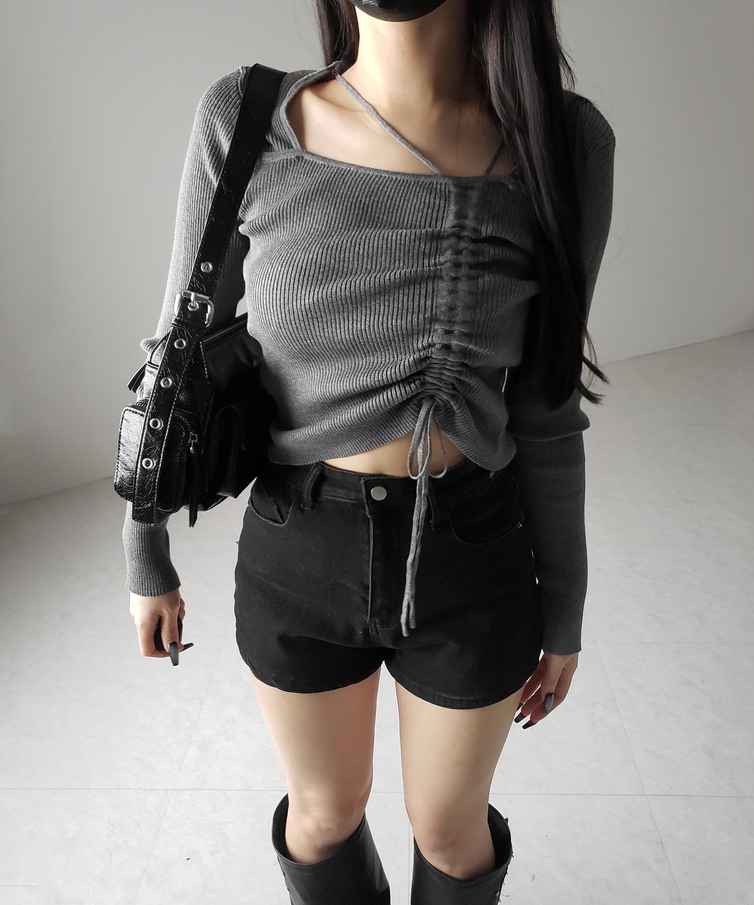 ダブルストラップシャーリングリボンリブニットトップス / double strap shirring ribbon ribbed knit tops