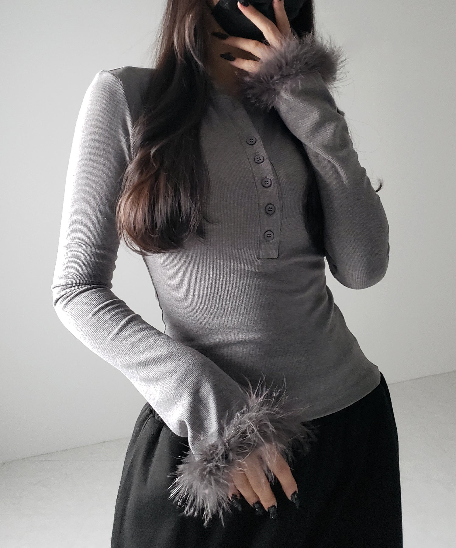 【 2color 】ファースリーブヘンリーネックリブトップス / fur sleeve henley neck lib tops
