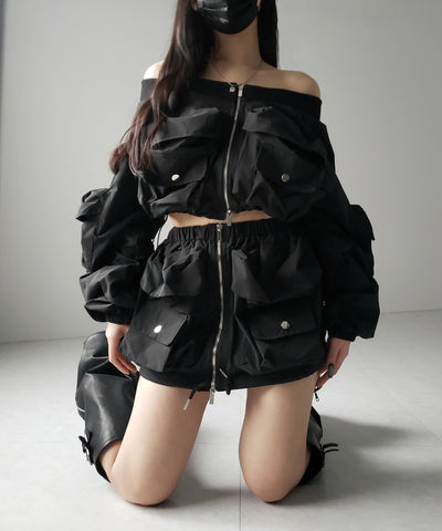 【 セットアップ 】アウトポケットオフショルカーゴブルゾン & ダブルジップカーゴミニスカート SET / out pocket off shoulder cargo blouson & double zip cargo mini skirt SET