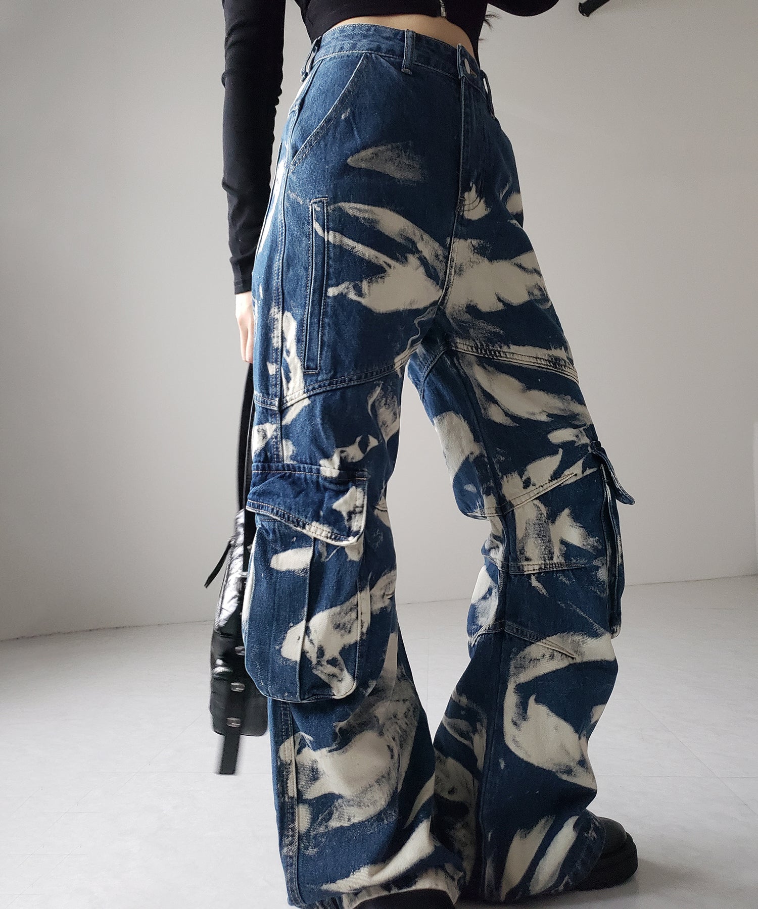 【 2color / 4size 】クラッシュブリーチストレートカーゴデニム /crash bleach straight cargo denim