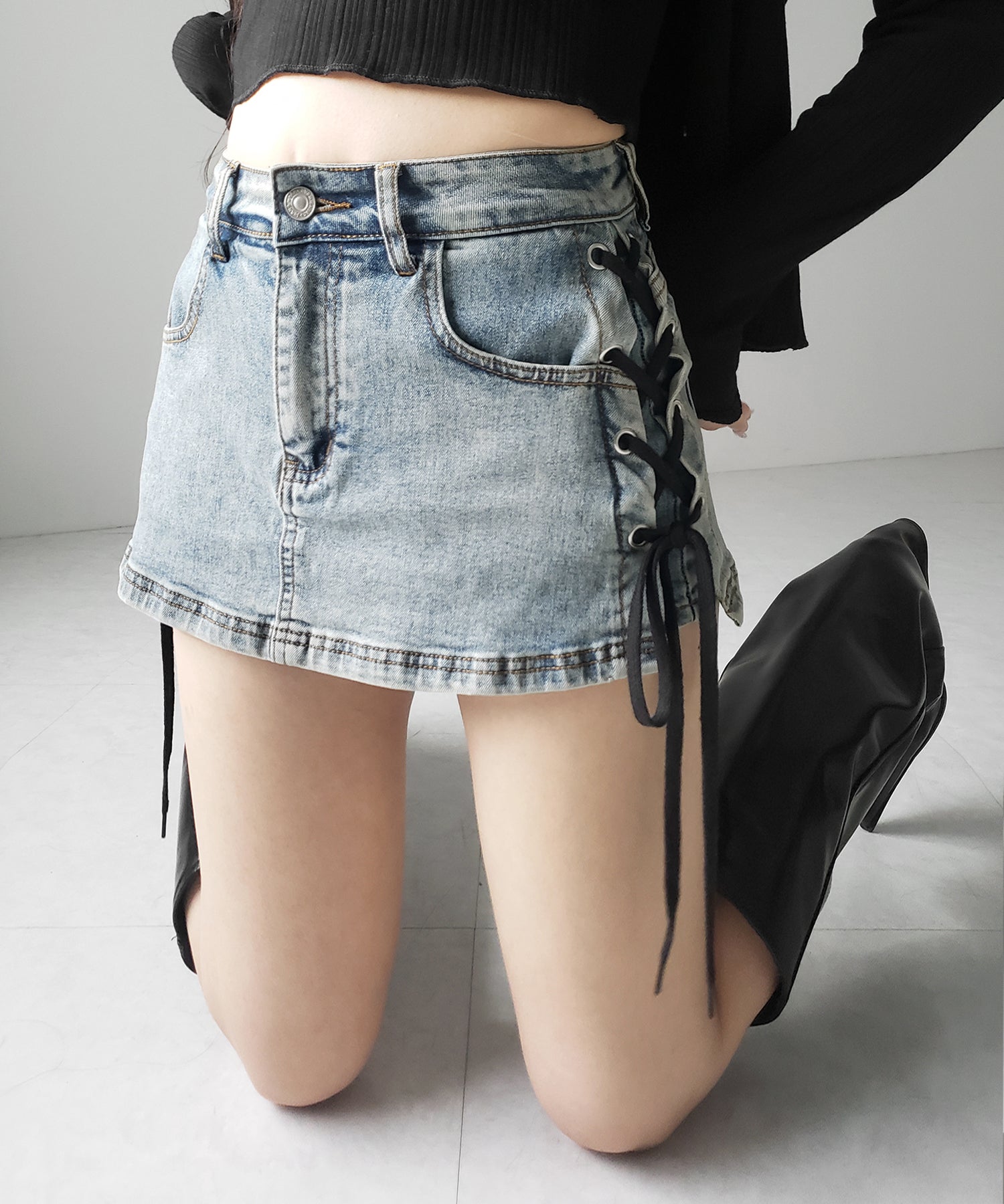 【 インパン裏地付き 】レースアップマイクロデニムミニスカパン / Lace-up micro denim mini skirt pants