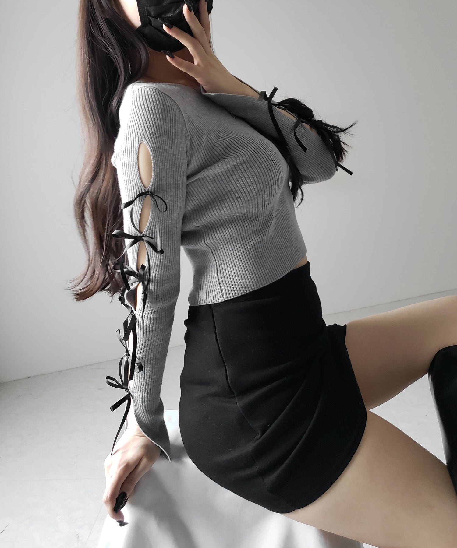 【 2color 】カットアウトリボンショートリブニット / cut out ribbon short rib knit