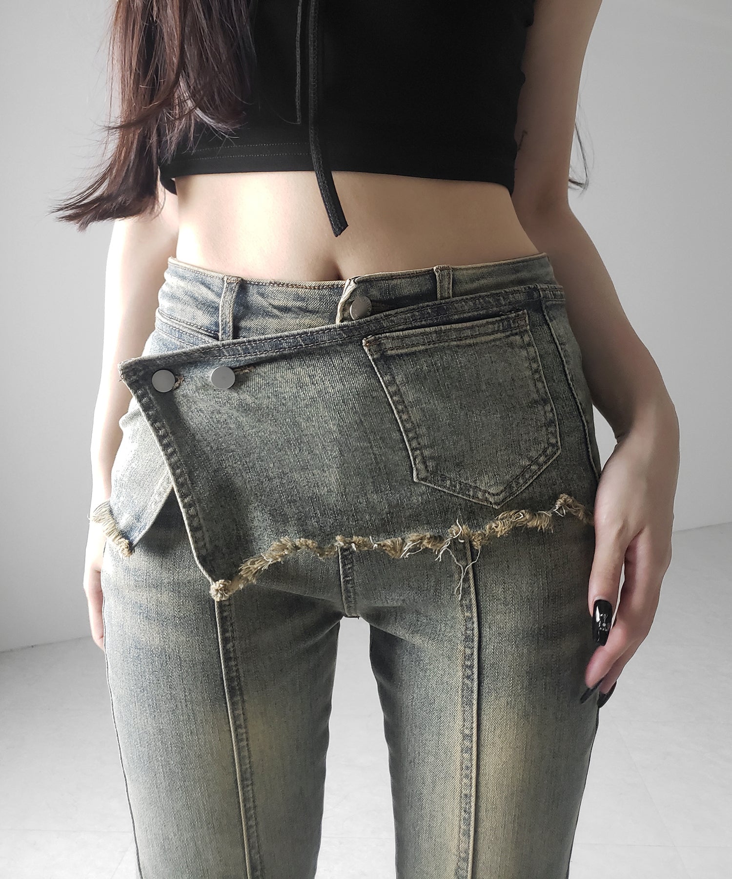 【 2color / 4size 】ストラップリボンヴィンテージストレッチフレアデニム / strap ribbon vintage stretch flare denim