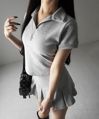 【 2点セット 】スキッパーネック半袖Tシャツ & プリーツミニスカート ワンホンセットアップ / skipper neck short sleeve T-shirt & pleated mini skirt wanghong setup