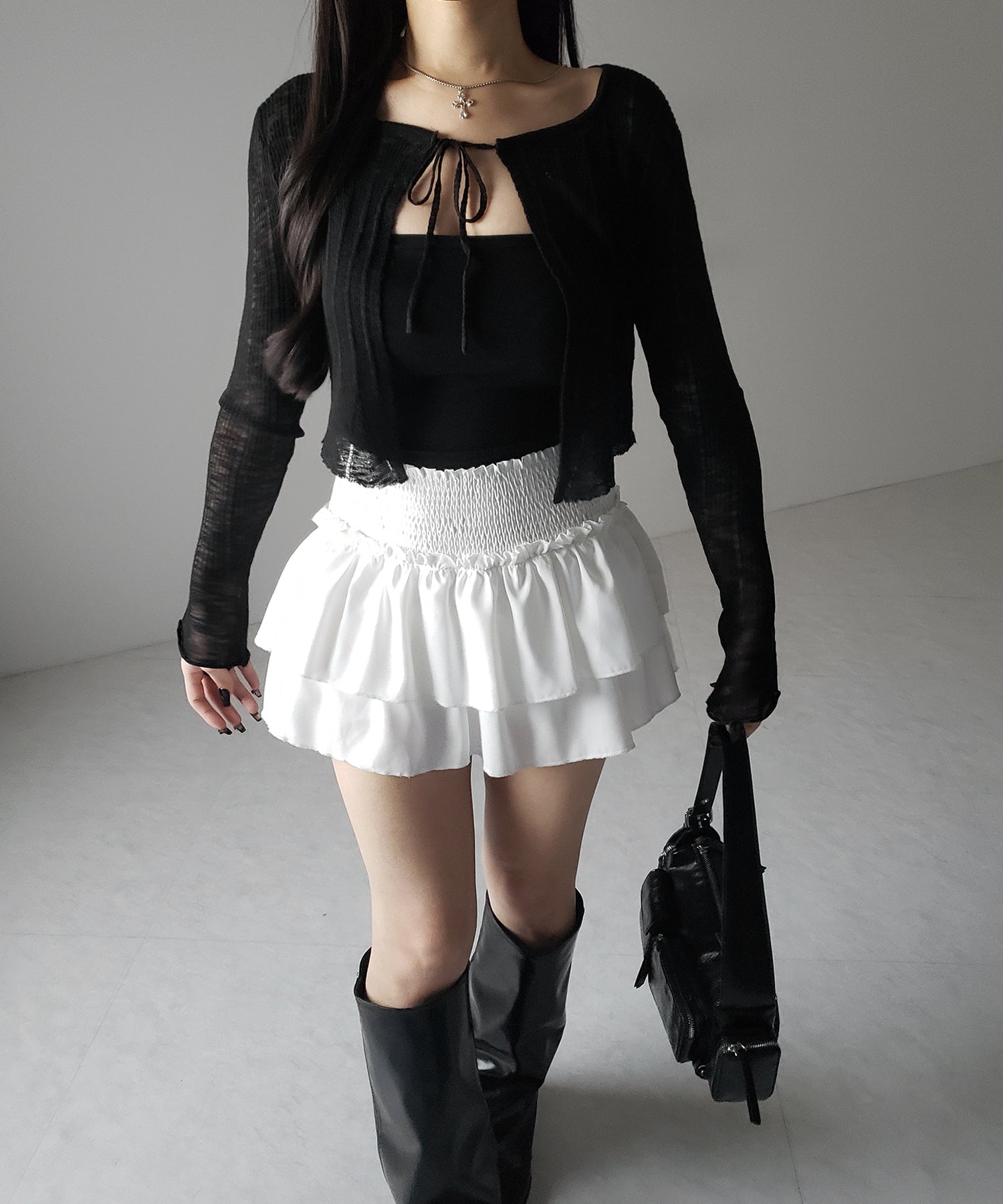 【 2color 】フロントリボンシアーニットショートカーディガン / front ribbon sheer knit short cardigan