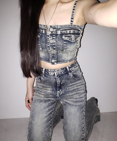 【 セットアップ 】ヴィンテージライクデニムビスチェ + ストレッチフレアデニム SET / 【 SET UP 】 vintage like denim bustier + stretch flare denim