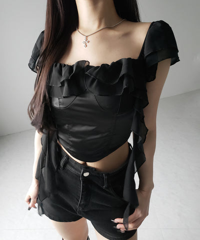 【 2WAY 】シアーフリルコルセットサテンショートブラウス / sheer frill corset satin short blouse
