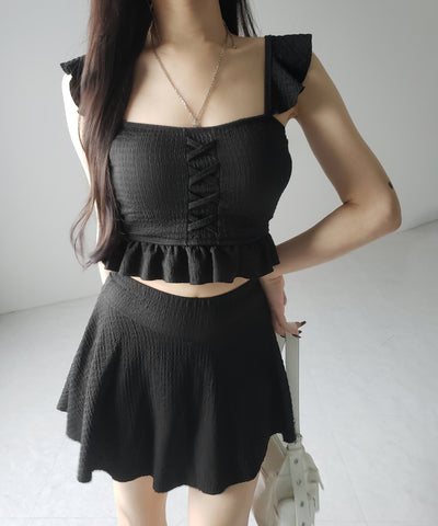 【 レディース水着/2点セット 】レースアップショルダーフリルハイウエストフレアビキニ / lace-up shoulder frill high waist flare bikini