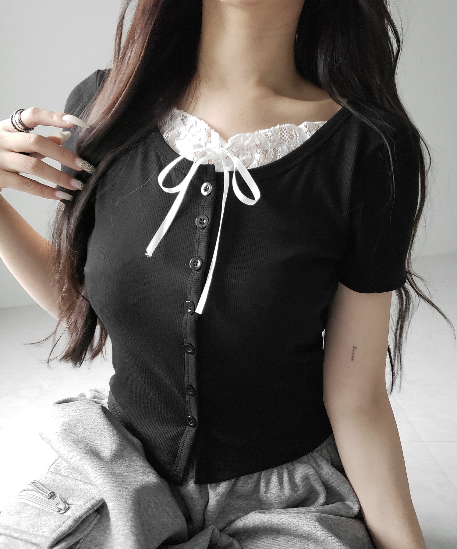 フロントリボンレースレイヤード半袖リブトップス /front ribbon lace layered short sleeve rib tops