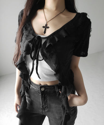 ダメージフリル半袖ショートリボンカーディガン / damage frill short sleeve short ribbon cardigan