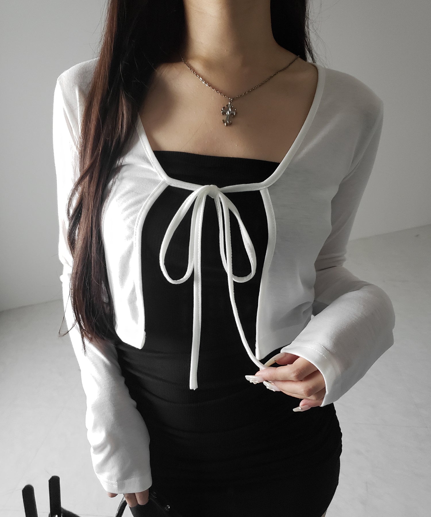 【 2color 】フロントリボンカットソーショートカーディガン / front ribbon cutsew short cardigan