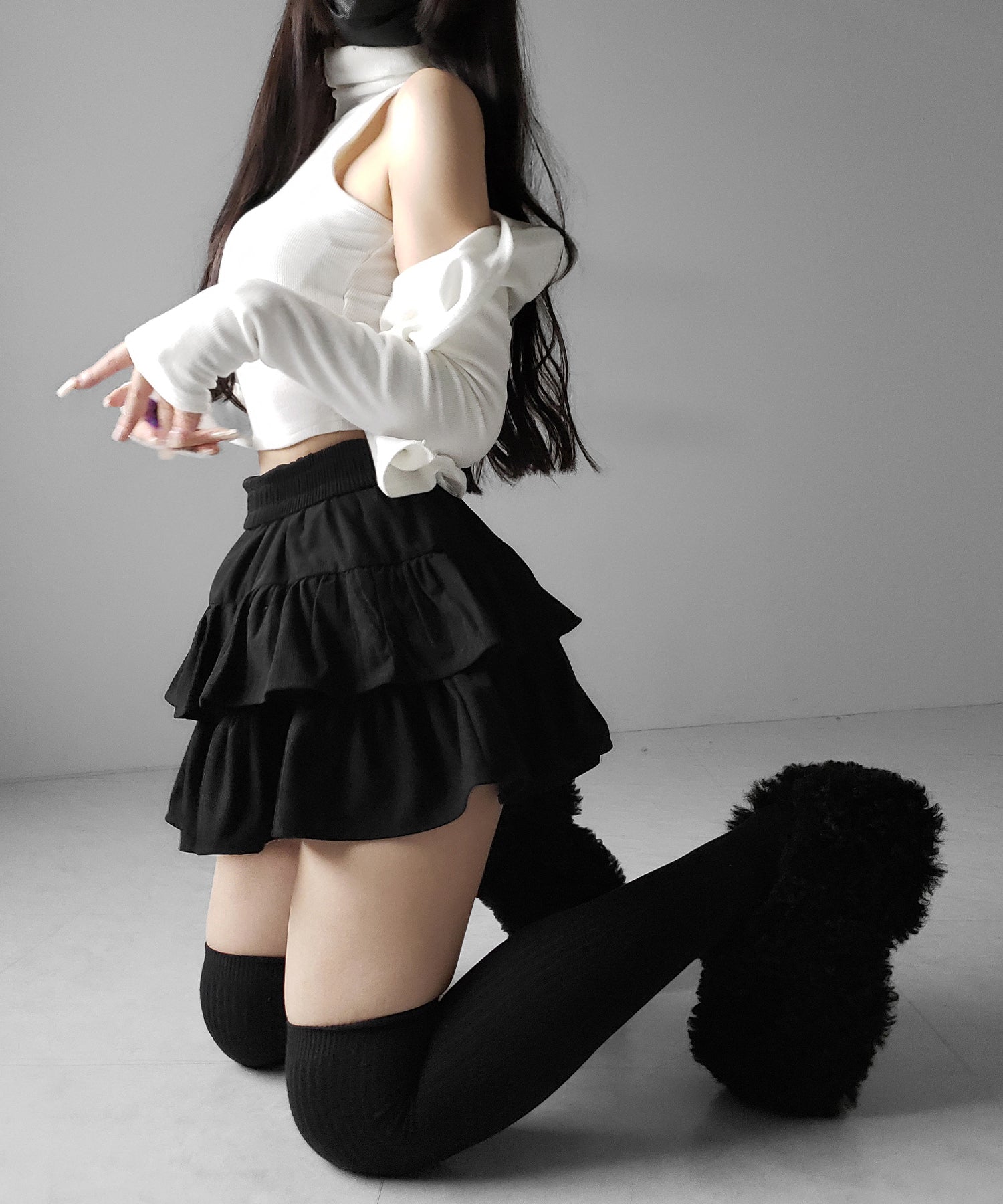 【 裏微起毛 / 2点セット 】ハイネックノースリーブトップス + ショートカーディガン SET / high neck nosleeve tops + short cardigan SET