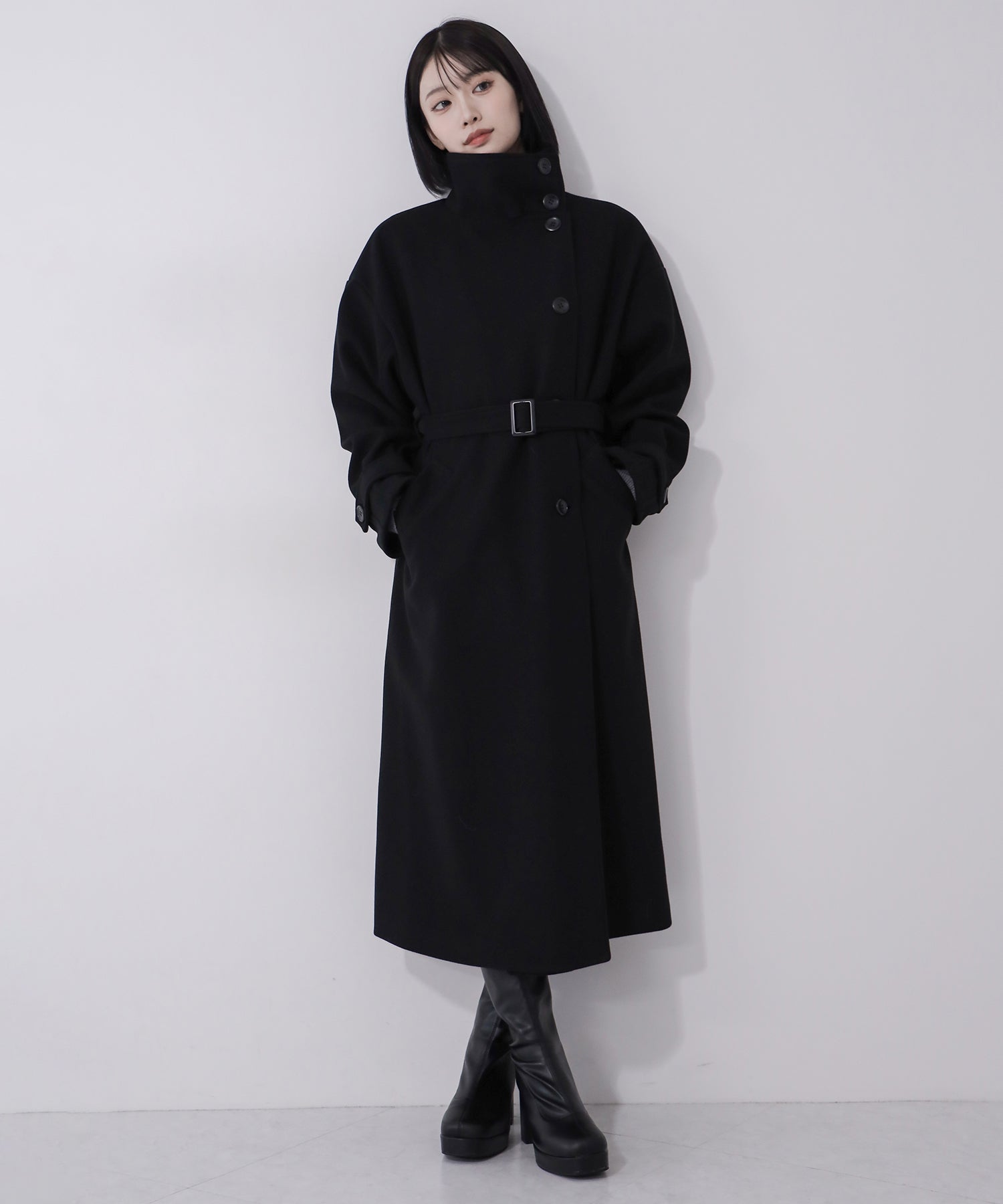 【 ウエストマークベルトSET 】2WAY スタンドカラーレディメルトントレンチロングコート / 2WAY stand collar lady melton trench long coat