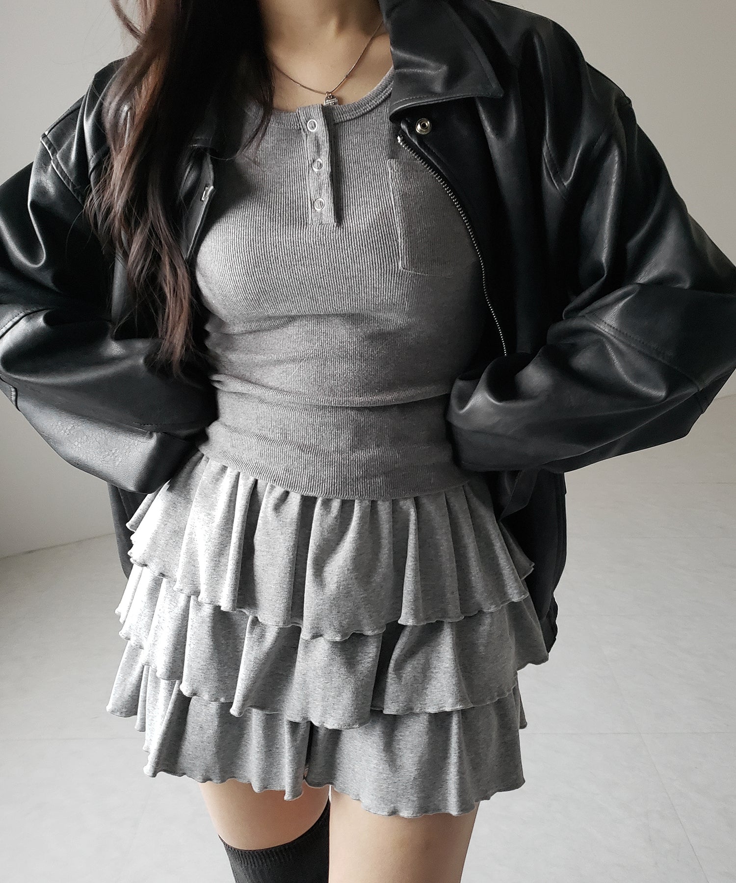 【 新色ピンク追加!4color 】3段フリルカットソーミニスカパン / 3 frill cutsew mini skirt pants