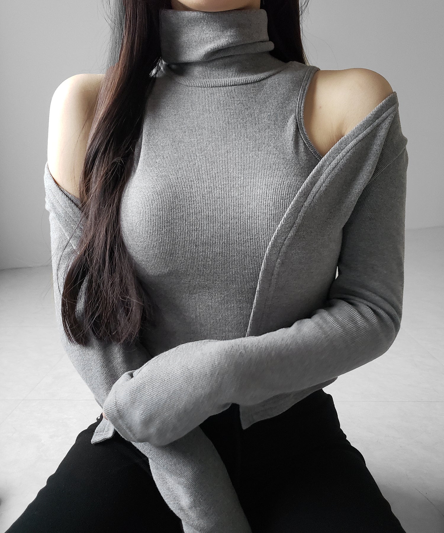 【 裏微起毛 / 2点セット 】ハイネックノースリーブトップス + ショートカーディガン SET / high neck nosleeve tops + short cardigan SET