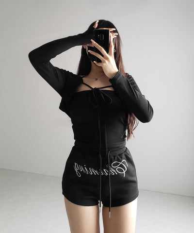 【 2点セット 】フロントリボン長袖ショートカーディガン+ ホルターキャミソール SET / front ribbon longsleeve short cardigan + halter camisole SET