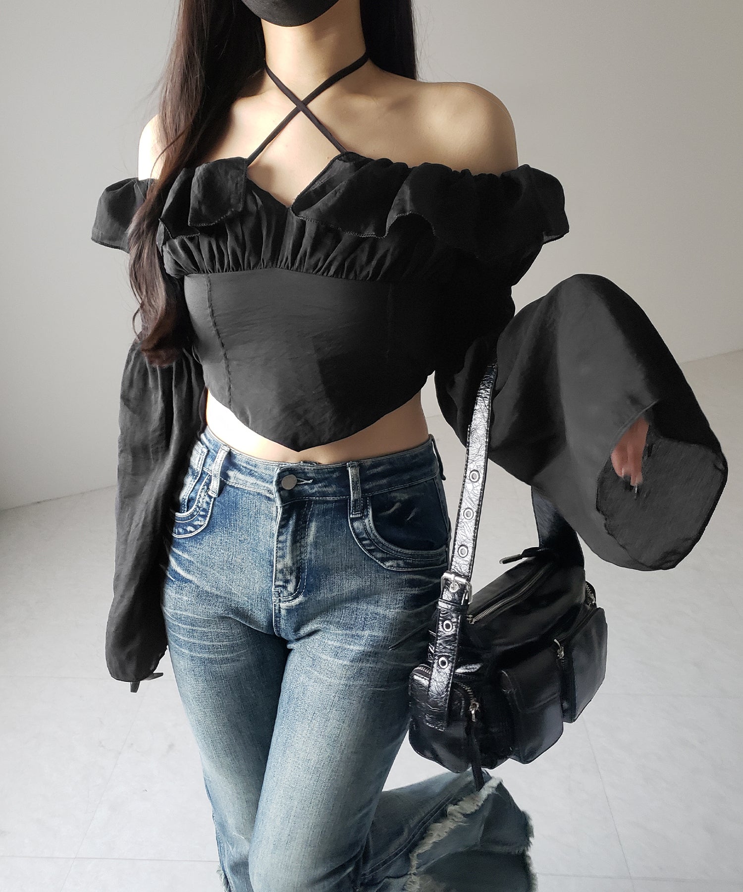 【3WAY 】チョーカーリボンフレアスリーブオフショルブラウス / choker ribbon flare sleeve off-shoulder blouse